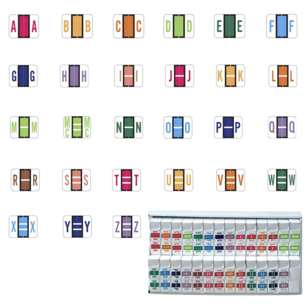 Multiple Color TPAV Compatible Alpha labels of size 1" X 1-1/4" with Individual Letter "A-Z" set tray with Mc, Vinyl Stock Packaged in 27 rolls of 500