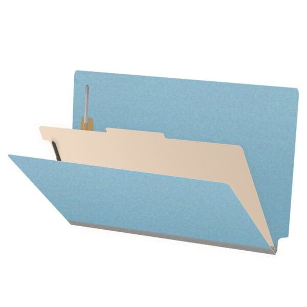 Blue Legal Size End Tab One Divider Classification Folder with 2" Gray Tyvek Expansion and 2" Bonded Fasteners on Inside Front and Back and 1" Duo Fastener on Divider, 25 pt Type 3 Pressboard Stock Covers and 18 pt Manila Divider, Packaged 10/50