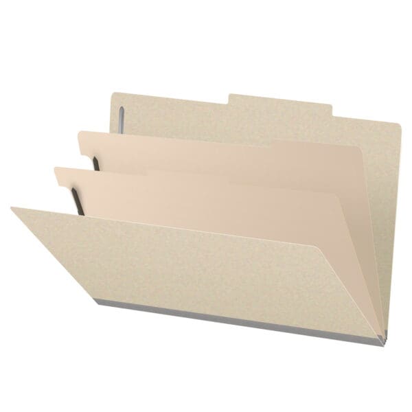 Manila Legal Size Top Tab Two Divider Classification Folder with 2" Gray Tyvek Expansion and 2" Bonded Fasteners on Inside Front and Back and 1" Duo Fastener on Dividers, 18 pt Manila Stock, Packaged 10/50