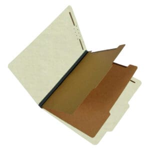 Green Legal Size Top Tab Two Divider Classification Folder with 2" Moss Green Tyvek Expansion and 2" Embedded Fasteners on Inside Front and Back and 1" Duo Fastener on Dividers, 25 pt Type 3 Pressboard Stock Covers and 17 pt Brown Kraft Dividers, Packaged 15/75