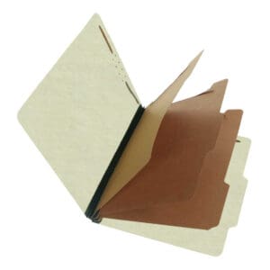 Green Legal Size Top Tab Three Divider Classification Folder with 3" Pearl Green Tyvek Expansion and 2" Embedded Fasteners on Inside Front and Back and 1" Duo Fastener on Dividers, 25 pt Type 3 Pressboard Stock Covers and 17 pt Brown Kraft Dividers, Packaged 10/50