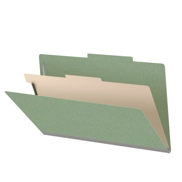 A Green Legal Size Top Tab One Divider Classification Folder with 2" Dove Gray Tyvek Expansion and 2" Bonded Fasteners on Inside Front and Back and 1" Duo Fastener on Divider, 25 pt Type 3 Pressboard Stock Covers and 18 pt Manila Divider, Packaged 10/50