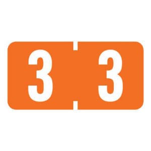 Dark Orange Tab Compatible Mini Numeric Labels of size 1/2" X 1" with Individual Number "3", Vinyl Stock, Packaged in Roll of 500