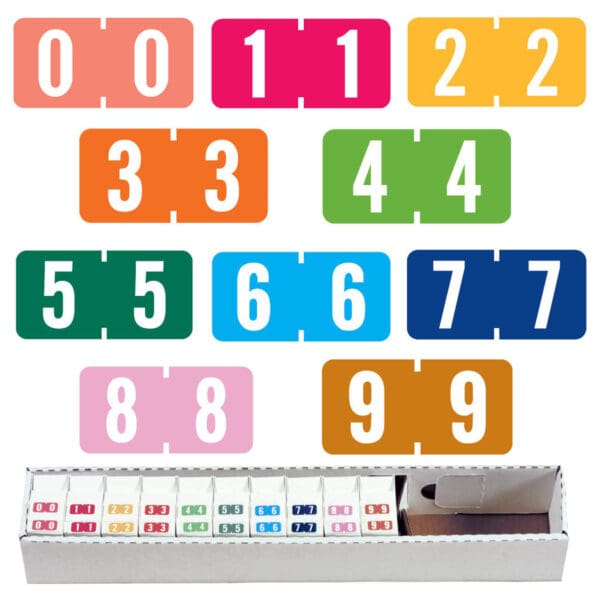Multiple Color Tab Compatible Mini Numeric Labels of size 1/2" X 1" with Number "0-9", Vinyl Stock, Packaged in 10 Rolls of 500