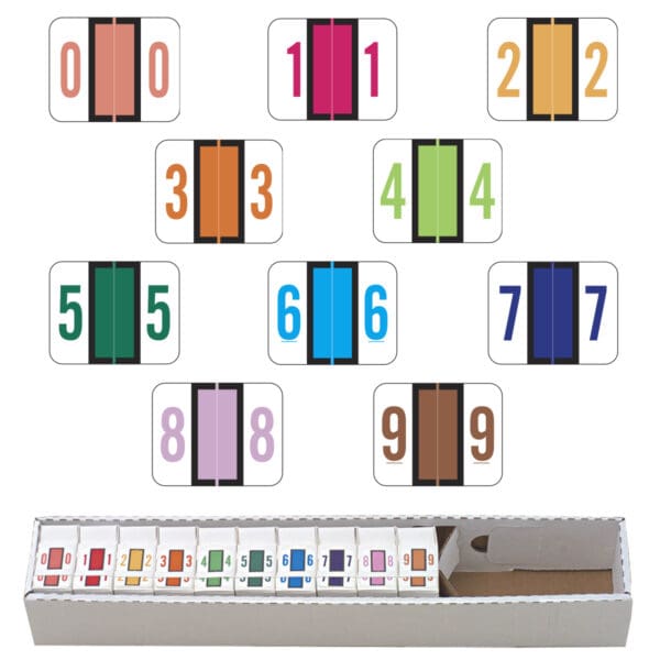 Multiple Colors Tab Compatible Numeric Labels of size 1" X 1-1/4" with Individual Number "0-9", Vinyl Stock, Packaged in 10 Rolls of 500