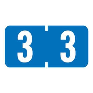 Light Blue Tab Compatible Mini Numeric Labels of size 1/2" X 1" with Individual Number "3", Vinyl Stock, Packaged in Roll of 1000