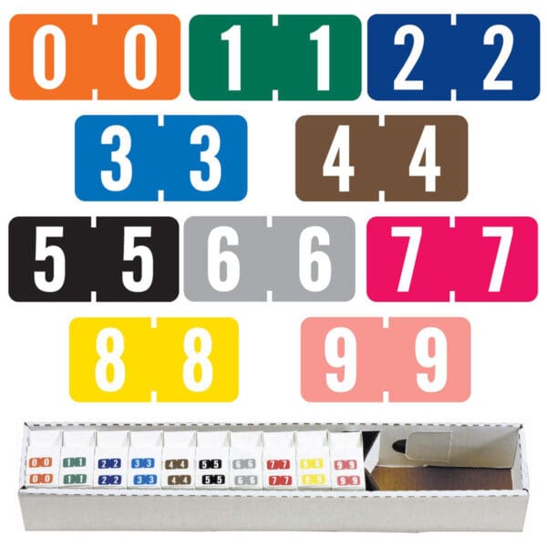 Multiple Color Tab Compatible Mini Numeric Labels of size 1/2" X 1" with Number "0-9", Vinyl Stock, Packaged in 10 Rolls of 1000